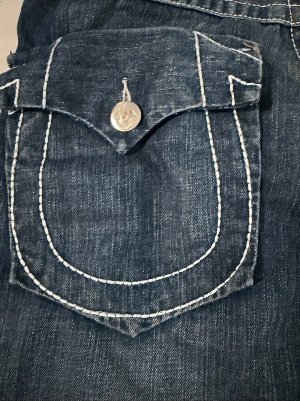 Y2K True Religion Men's Billy Dark Blue Jeans White Stitching